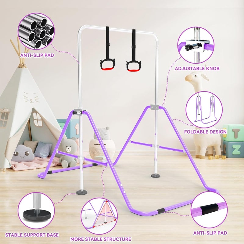 FINME Gymnastics Bar for Kids with Gymnastics Rings, Height Adjustable Gymnastics Horizontal Bar, Foldable Bar Gymnastics Equipment for Home Room Indoor Outdoor Gym Practics, Gymnastic Bar - Image 2